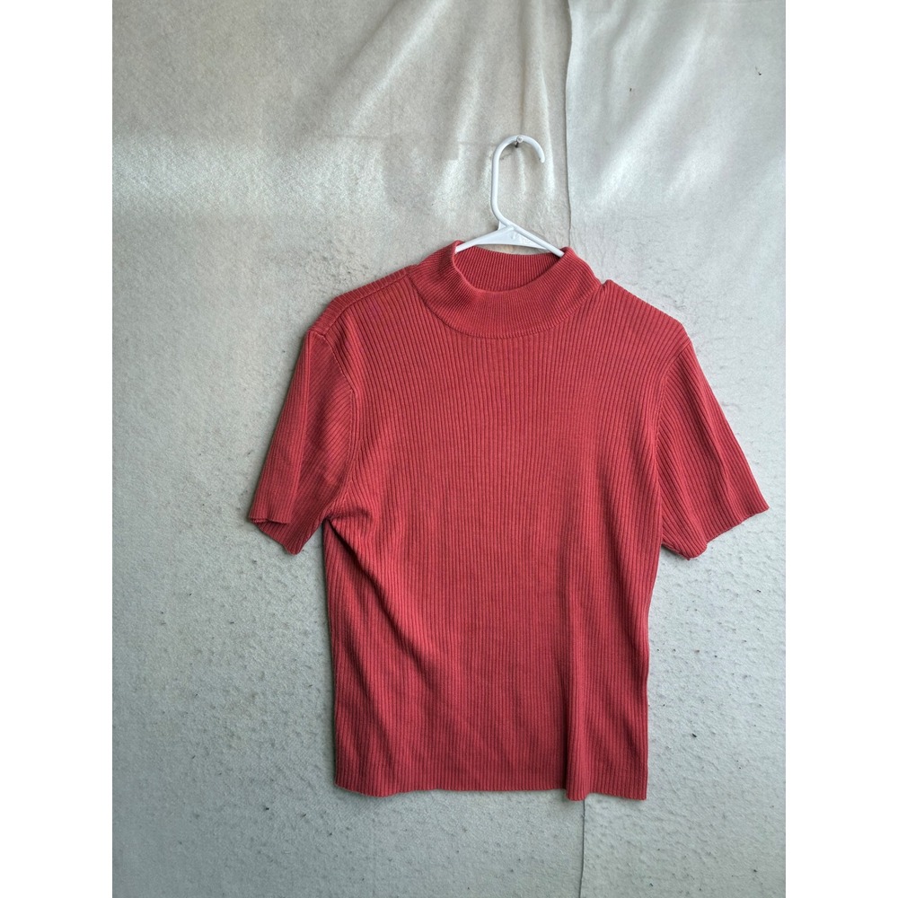 Laura Gayle Classics Coral Red Ribbed Mock Neck Short Sleeve Sweater Large